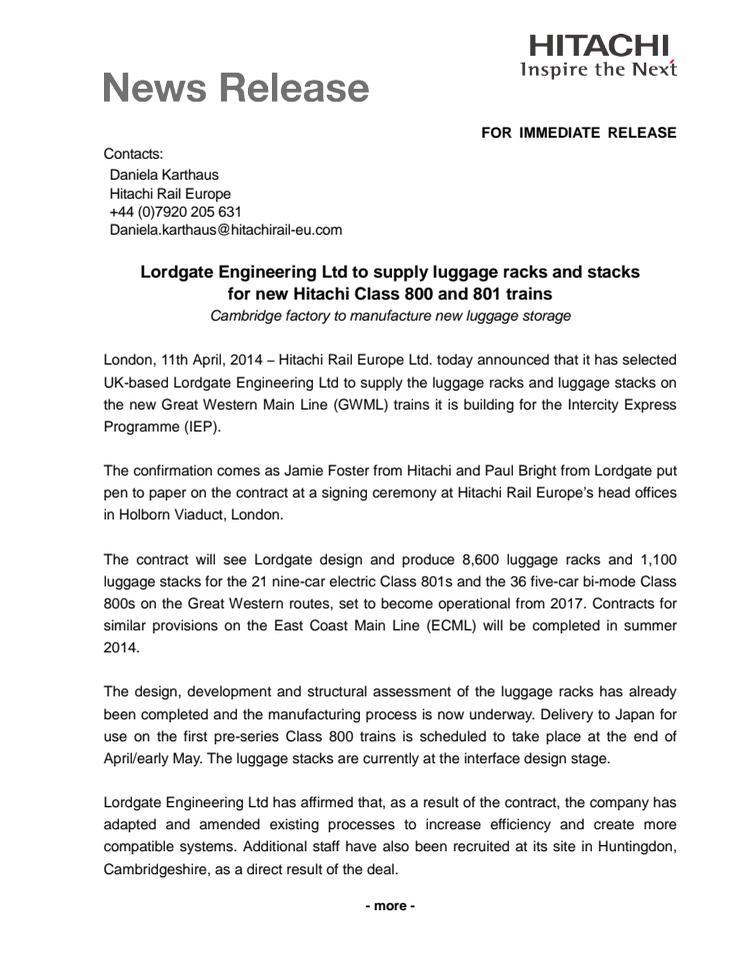 Lordgate Engineering Ltd to supply luggage racks and stacks for new Hitachi Class 800 and 801 trains 