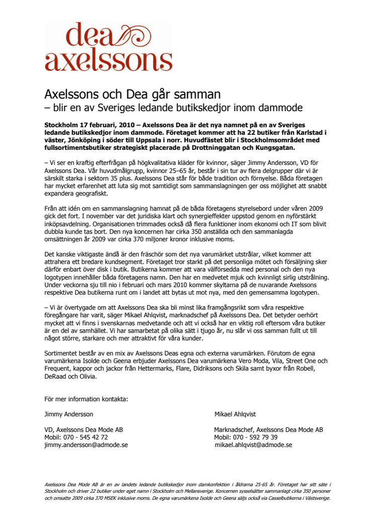 Axelssons och Dea går samman – blir en av Sveriges ledande butikskedjor inom dammode