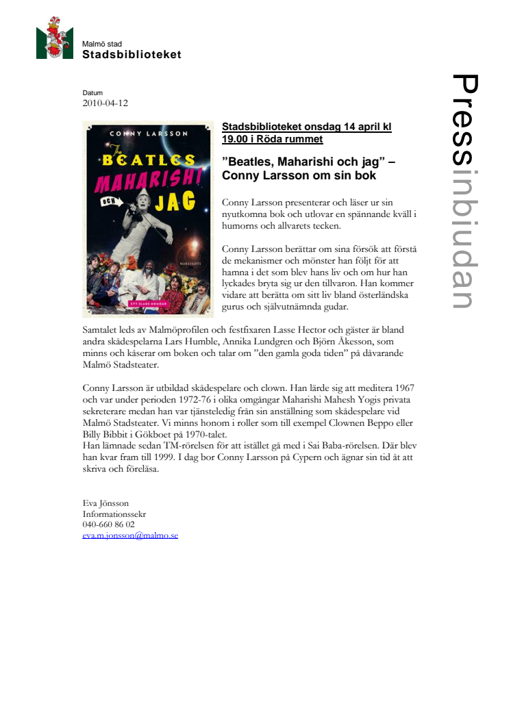 Stadsbiblioteket onsdag 14 april kl 19.00:  ”Beatles, Maharishi och jag” – Conny Larsson om sin bok