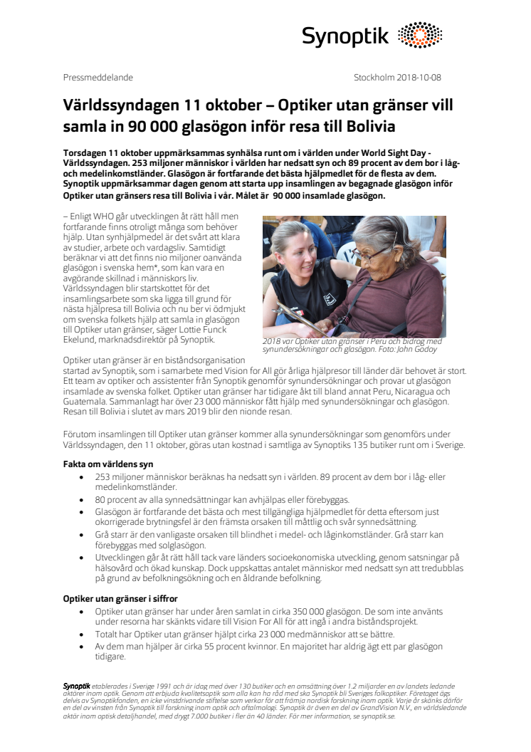 Världssyndagen 11 oktober – Optiker utan gränser vill samla in 90 000 glasögon inför resa till Bolivia