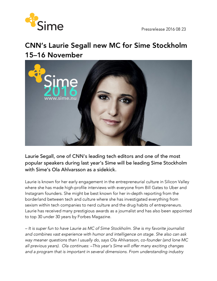 CNN:s Laurie Segall ny programledare för Sime  Stockholm 15–16 november