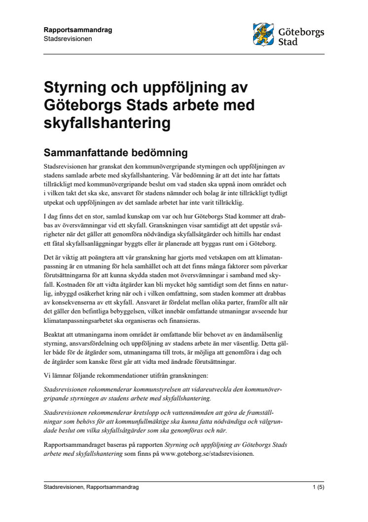 Rapportsammandrag – Styrning och uppföljning av Göteborgs Stads arbete med skyfallshantering.pdf