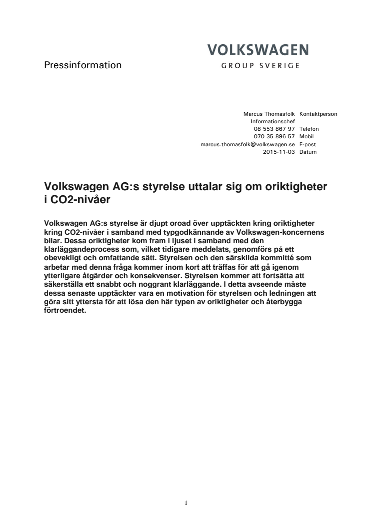 Volkswagen AG:s styrelse uttalar sig om oriktigheter i CO2-nivåer