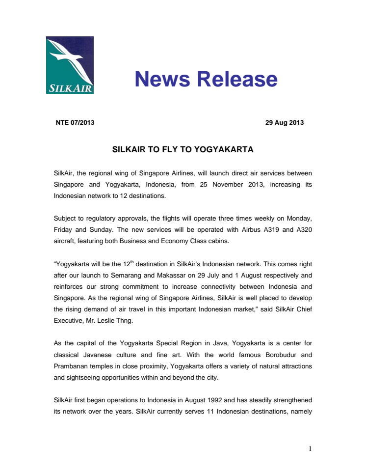 SilkAir to Fly to Yogyakarta