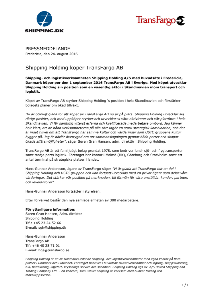 Shipping Holding köper TransFargo AB