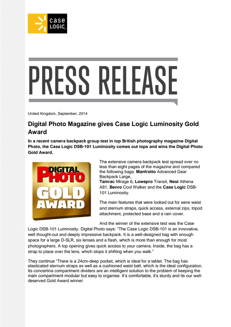 Digital Photo Magazine gives Case Logic Luminosity Gold Award