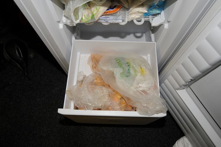 Iqbal Haji's freezer drawer where cash was found hidden amongst chicken nuggets