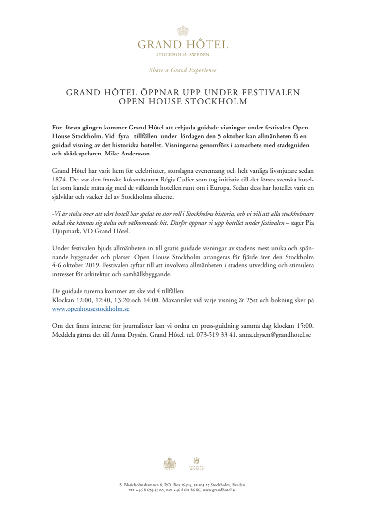 Grand Hôtel öppnar upp under festivalen Open House Stockholm