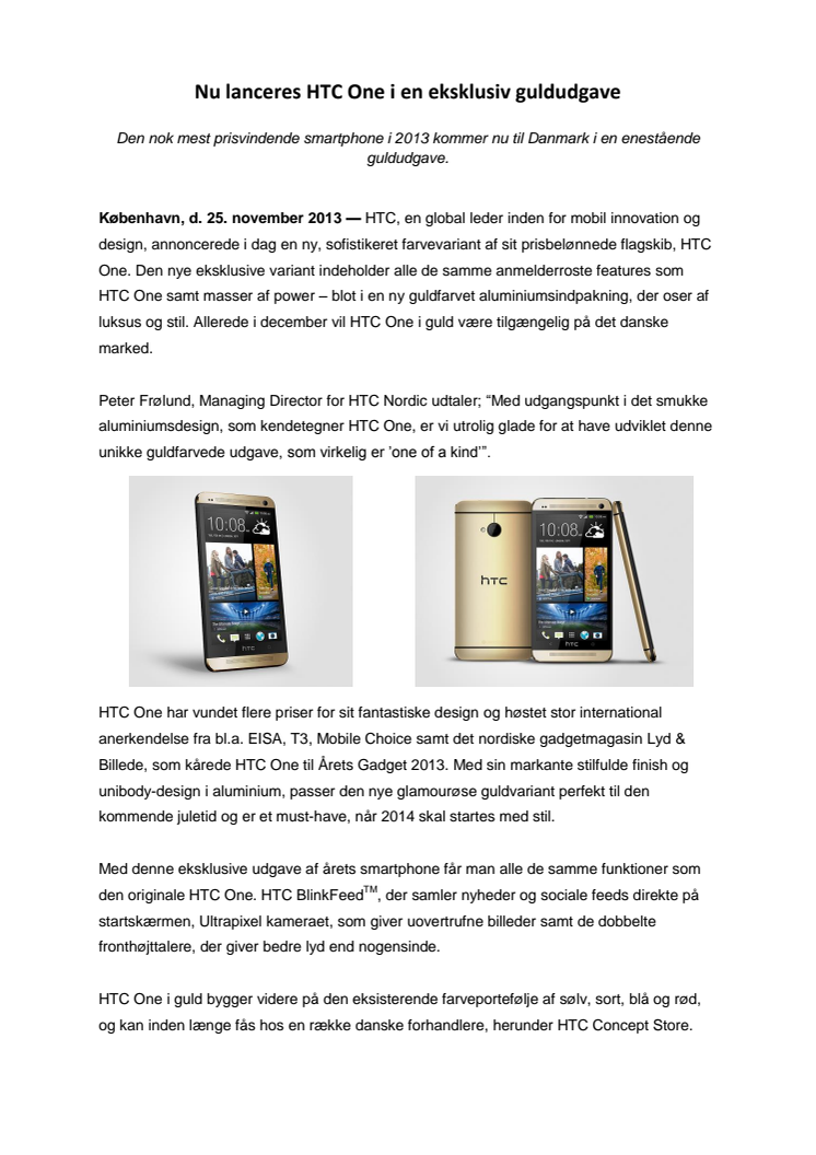 Nu lanceres HTC One i en eksklusiv guldudgave