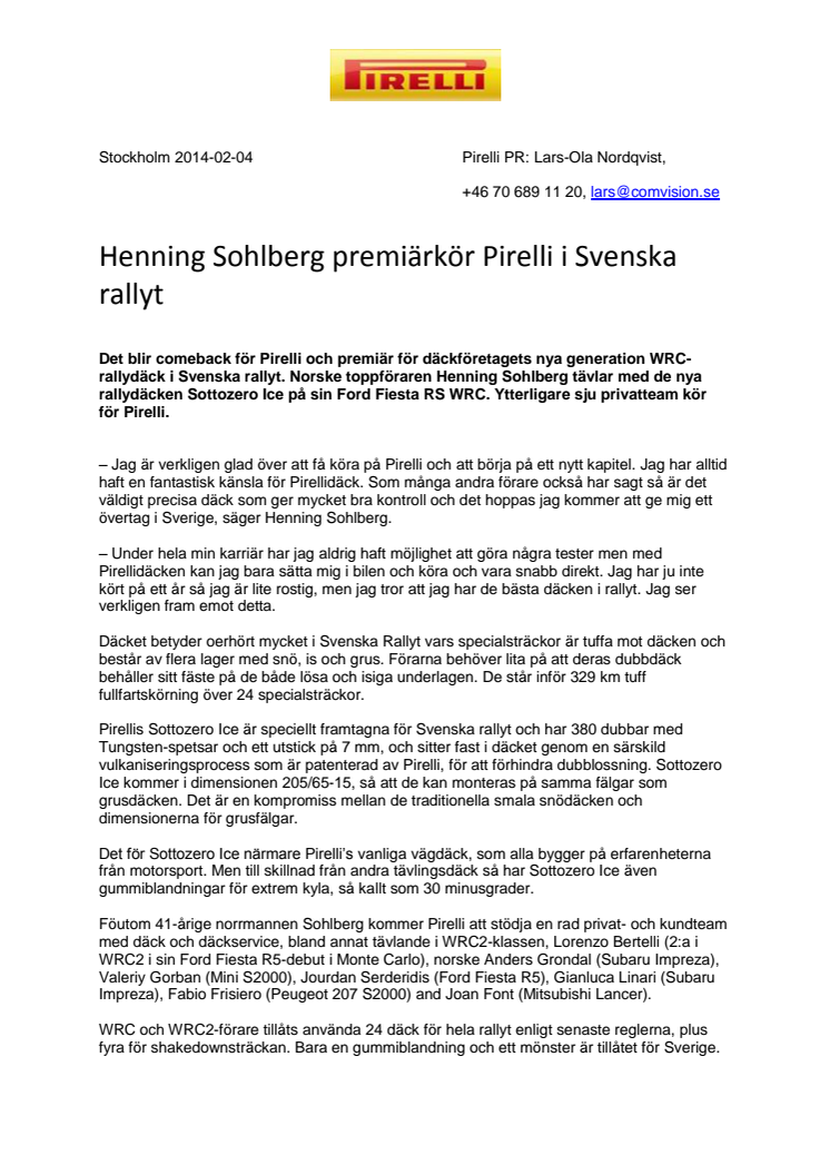 Henning Sohlberg premiärkör Pirelli i Svenska Rallyt