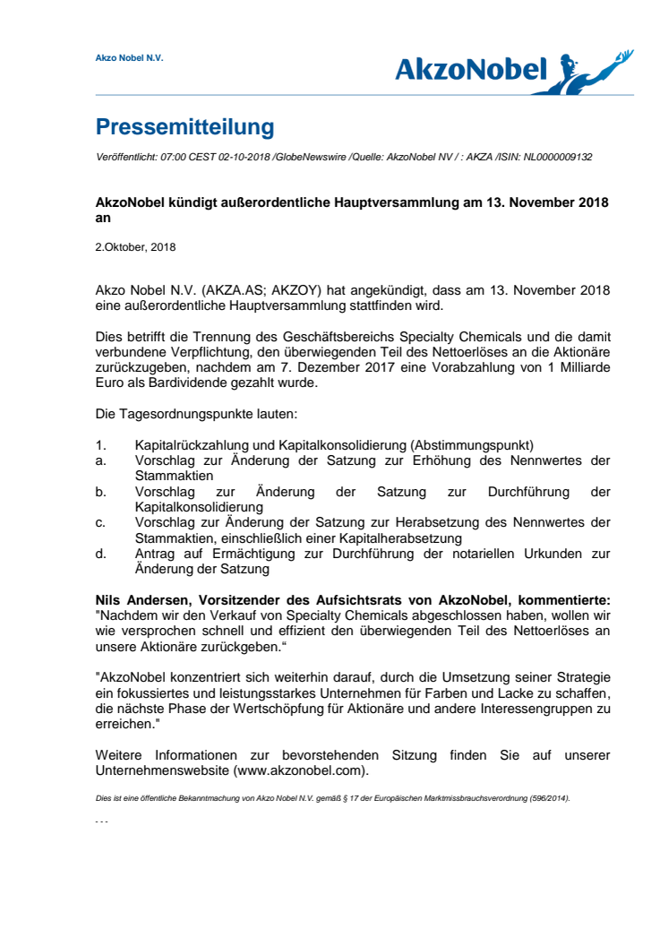 AkzoNobel kündigt außerordentliche Hauptversammlung am 13. November 2018 an