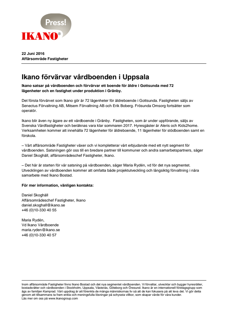 Ikano förvärvar vårdboenden i Uppsala