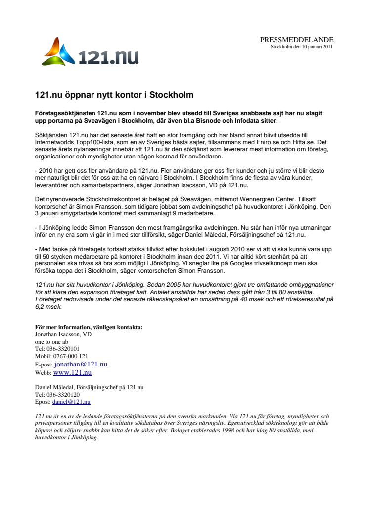 121.nu öppnar nytt kontor i Stockholm