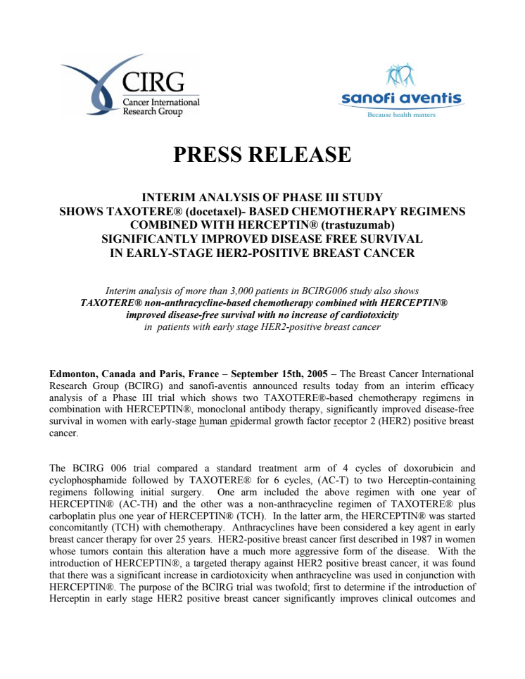 TAXOTERE®-BASED CHEMOTHERAPY REGIMENS COMBINED WITH HERCEPTIN® SIGNIFICANTLY IMPROVED DISEASE FREE SURVIVAL IN EARLY-STAGE HER2-POSITIVE BREAST CANCER