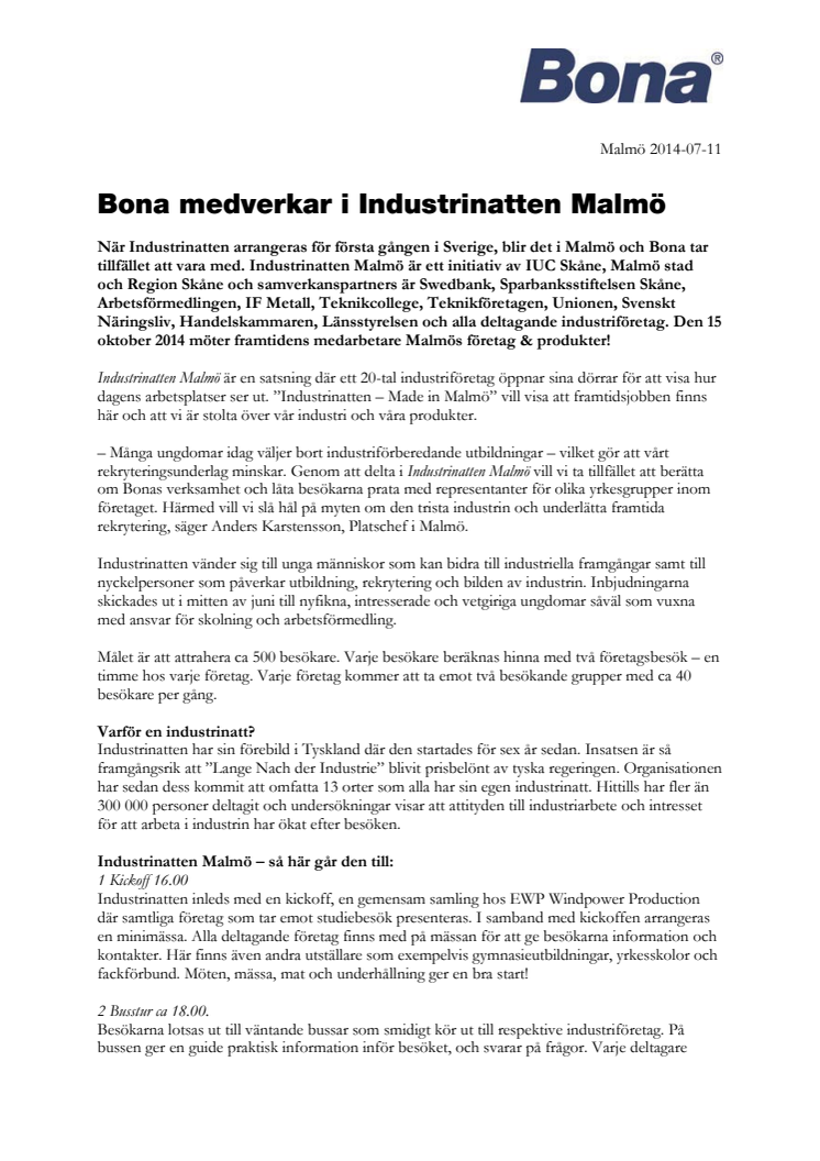 Bona medverkar i Industrinatten Malmö 2014