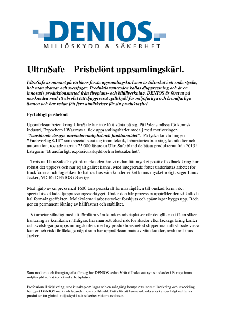 UltraSafe – Flerfaldigt prisbelönt uppsamlingskärl från DENIOS.