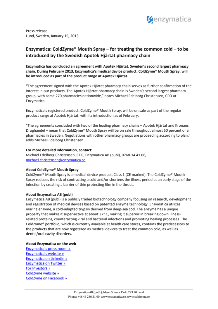 Enzymatica: ColdZyme® Mouth Spray – for treating the common cold – to be introduced by the Swedish Apotek Hjärtat pharmacy chain