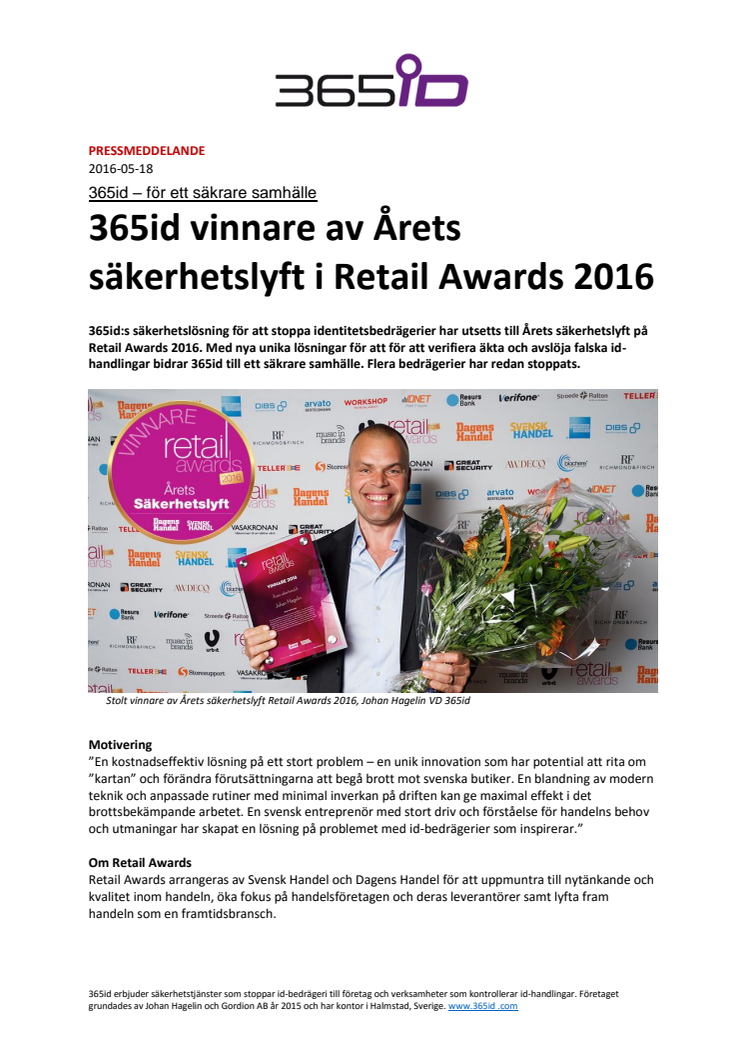 365id vinnare av Årets säkerhetslyft i Retail Awards 2016