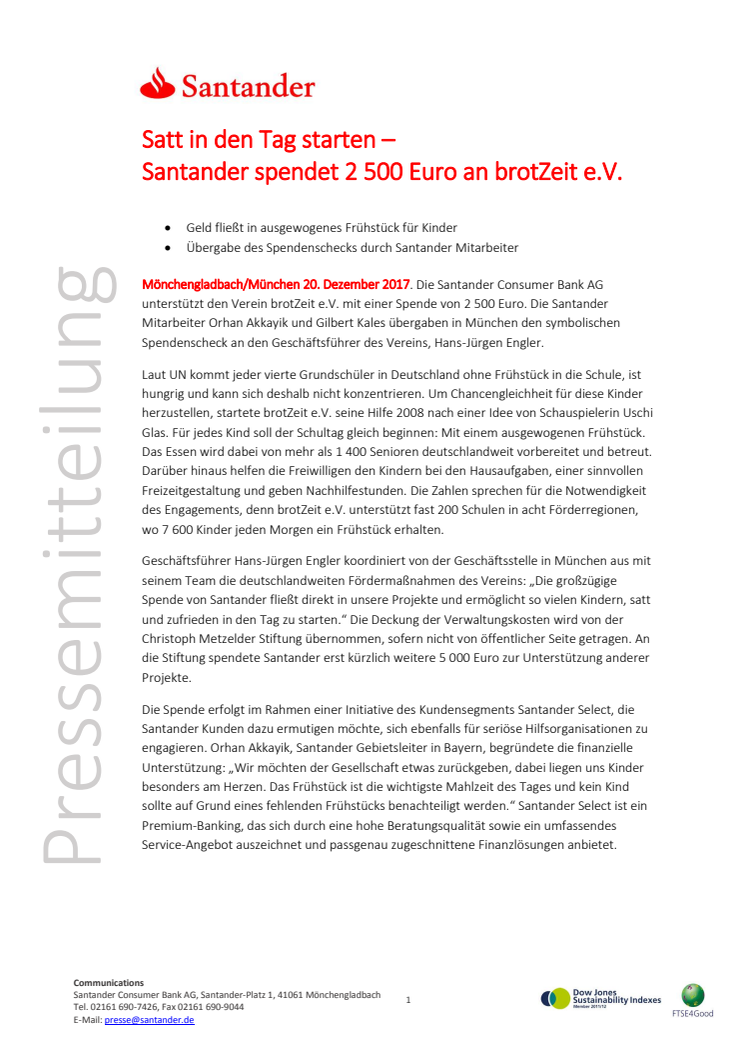 Satt in den Tag starten –  Santander spendet 2 500 Euro an brotZeit e.V