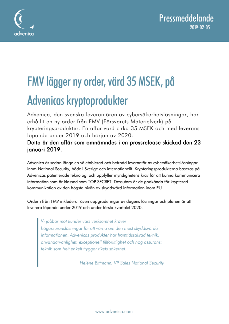 FMV lägger ny order, värd 35 MSEK, på Advenicas kryptoprodukter