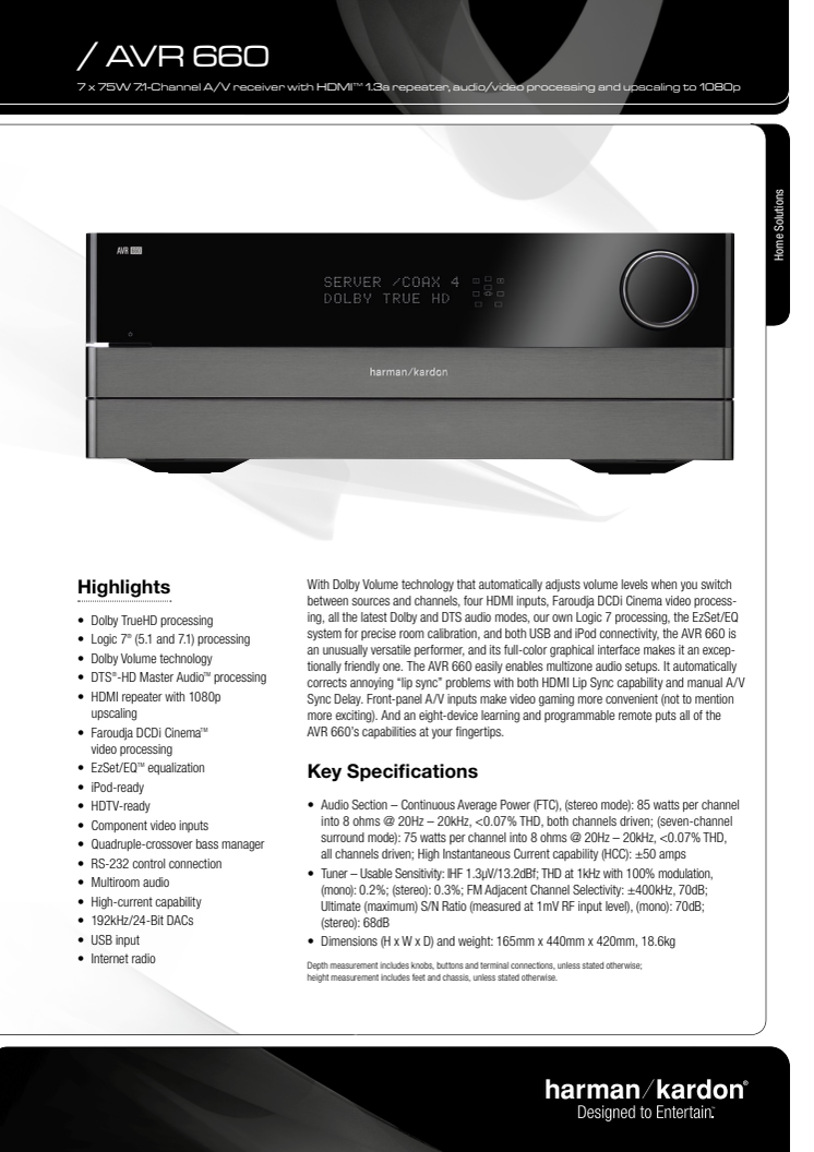 Harman kardon AVR 660 specifikation