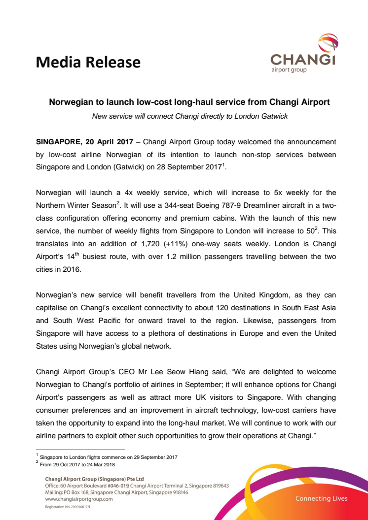 Norwegian to launch low-cost long-haul service from Changi Airport