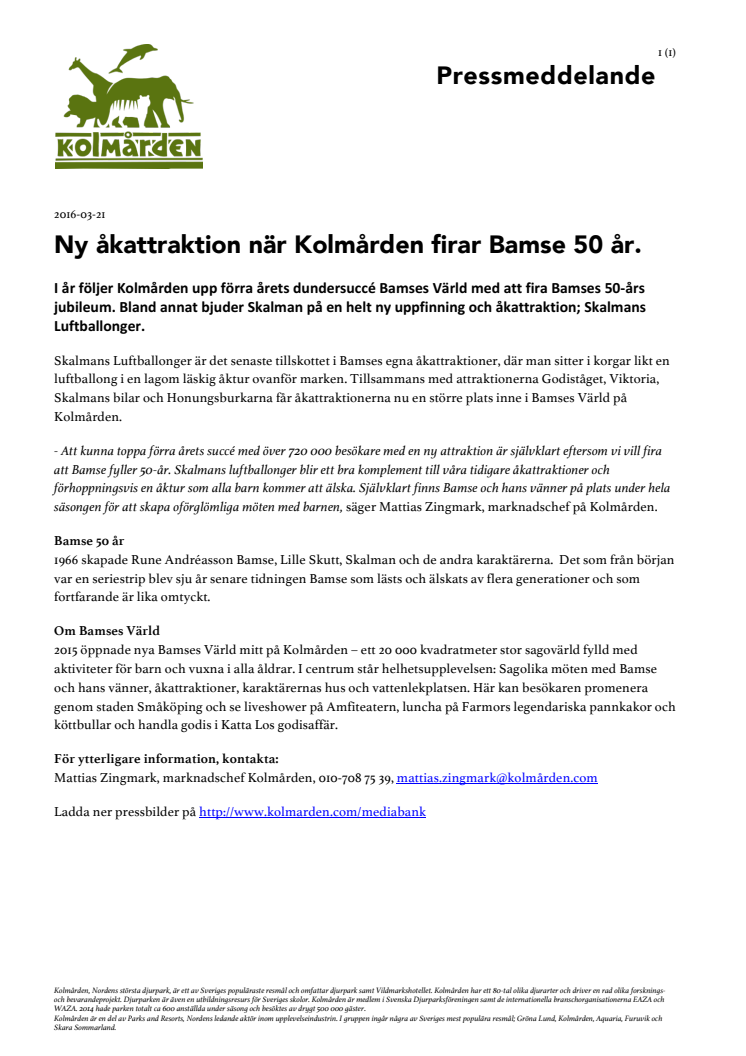 Ny åkattraktion när Kolmården firar Bamse 50 år.