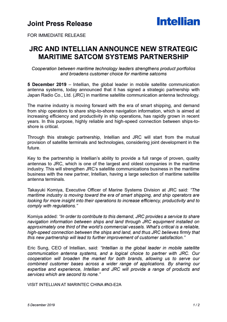 JRC AND INTELLIAN ANNOUNCE NEW STRATEGIC MARITIME SATCOM SYSTEMS PARTNERSHIP