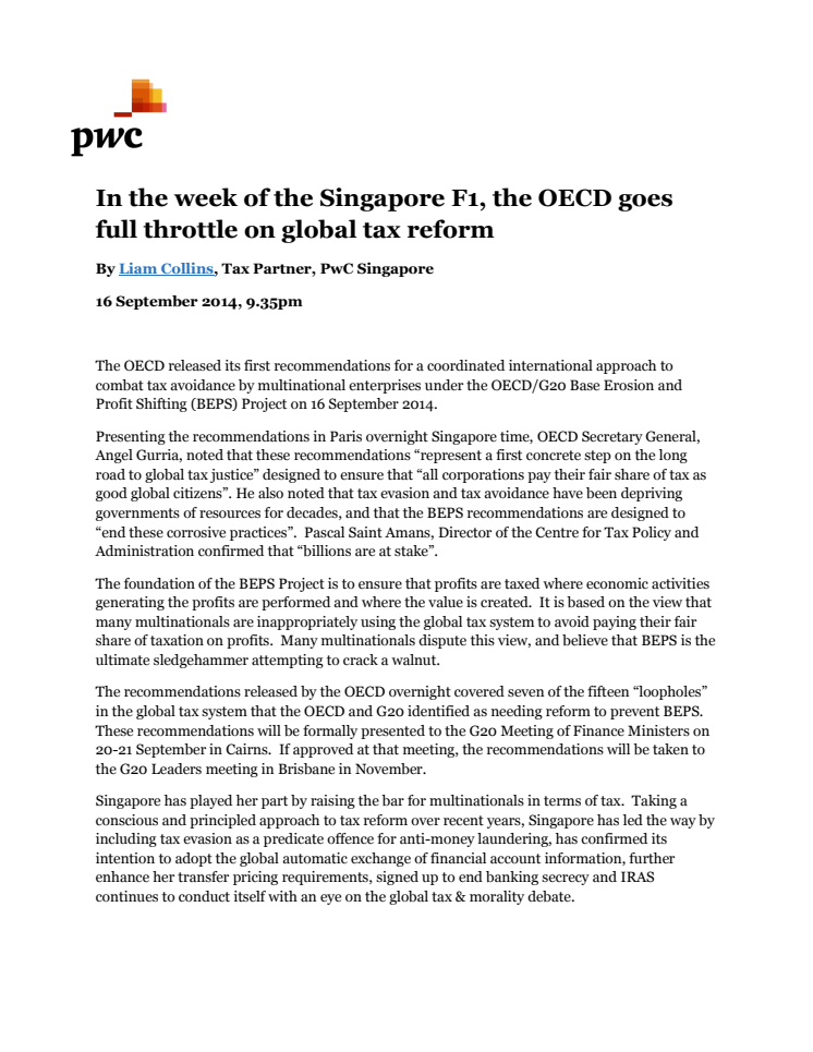 In the week of the Singapore F1, the OECD goes full throttle on global tax reform
