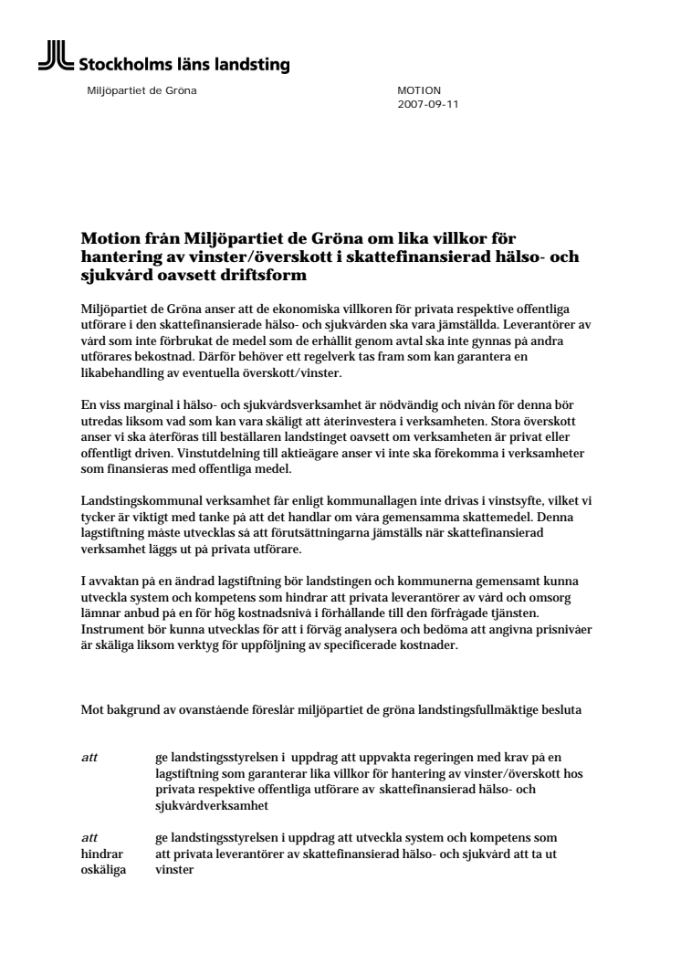 Motion om hantering av vinster/överskott i vården