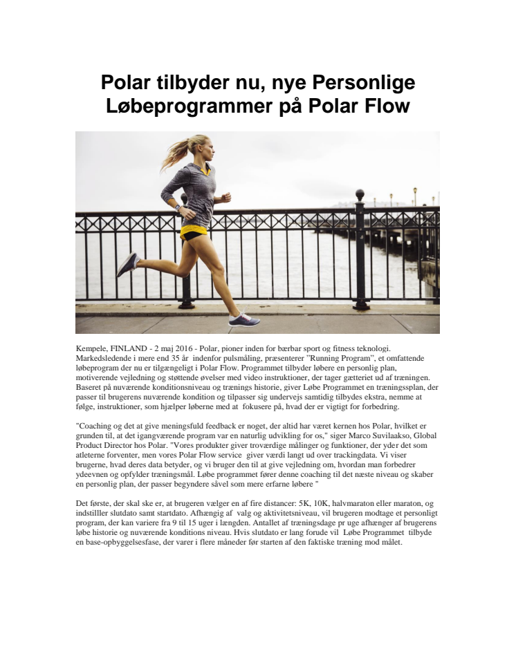 Polar Tilbyder nu Personlige løbeprogrammer i Polar Flow
