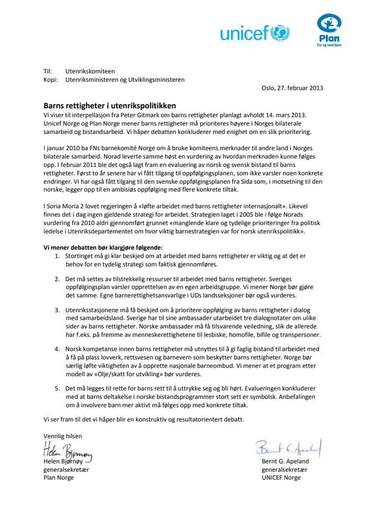 UNICEF Norge og Plan Norges brev til utenrikskomiteen 