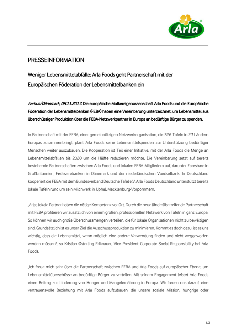 Weniger Lebensmittelabfälle: Arla Foods geht Partnerschaft mit der Europäischen Föderation der Lebensmittelbanken ein 