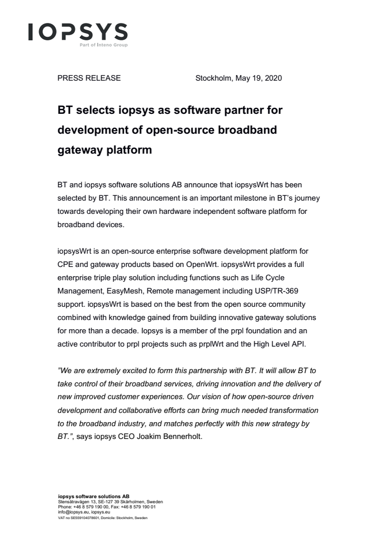 BT selects iopsys as software partner