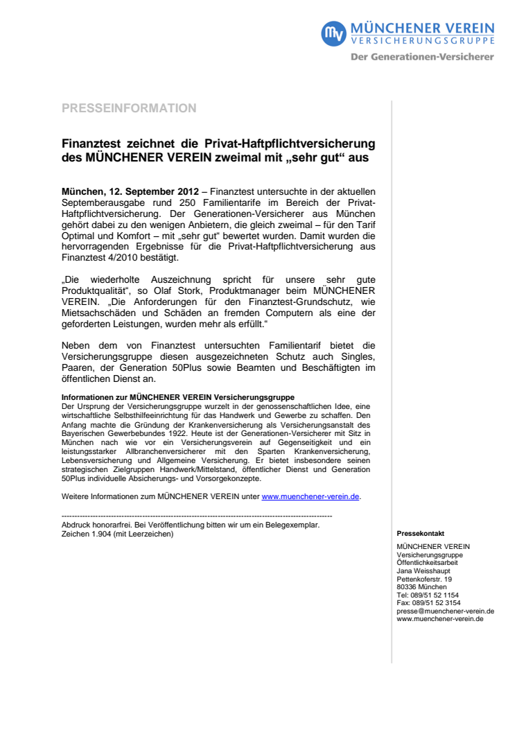 Finanztest zeichnet die Privat-Haftpflichtversicherung des MÜNCHENER VEREIN zweimal mit „sehr gut“ aus