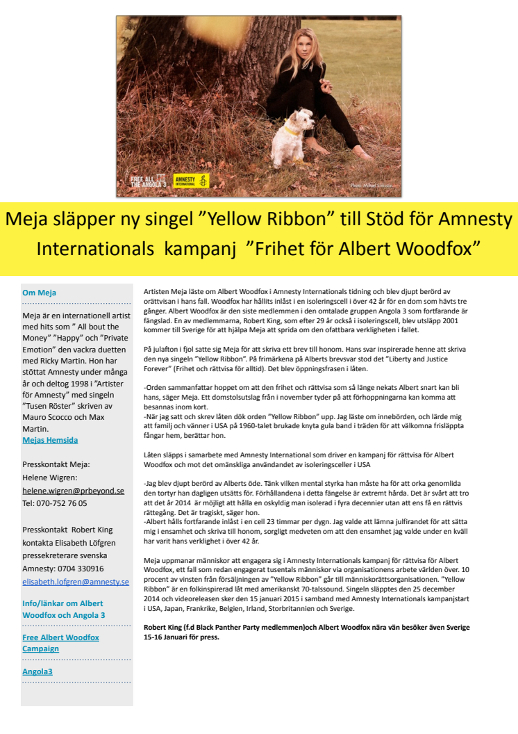 Meja släpper ny singel ”Yellow Ribbon” till stöd för Amnesty Internationals kampanj  ”Frihet för Albert Woodfox”