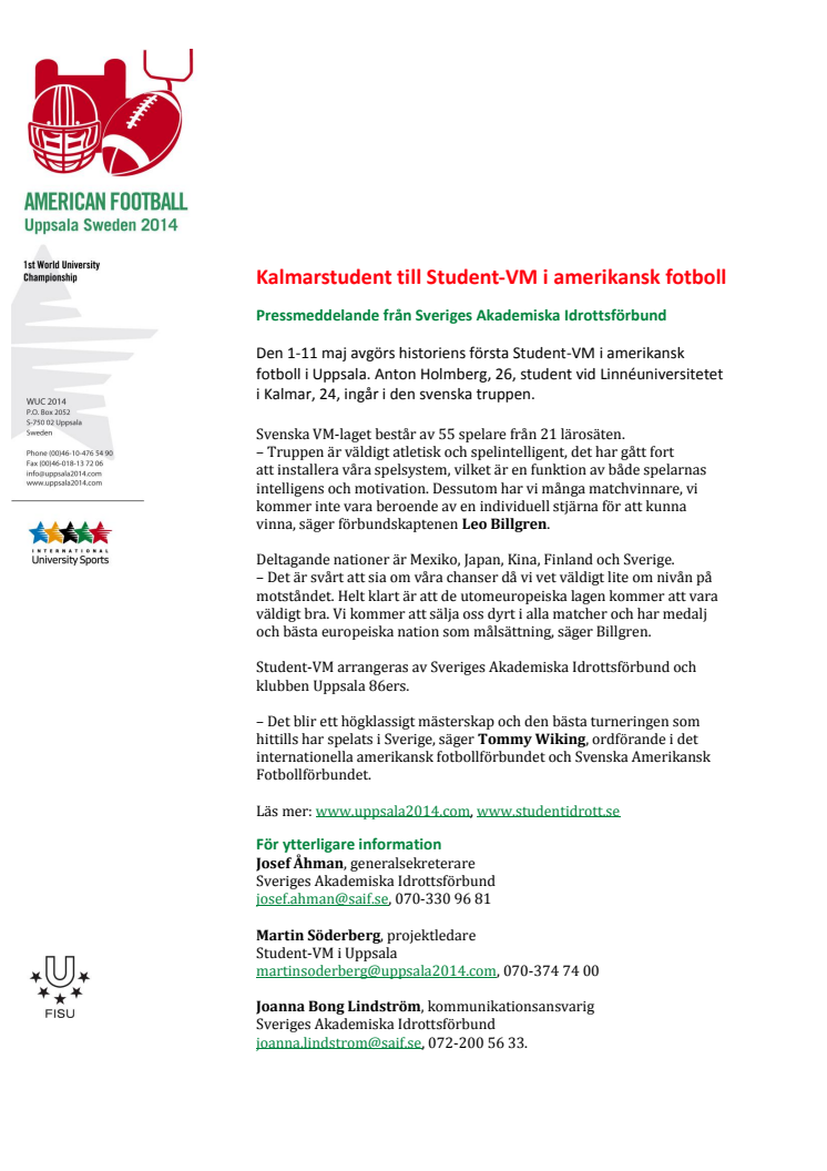 Kalmarstudent till Student-VM i amerikansk fotboll