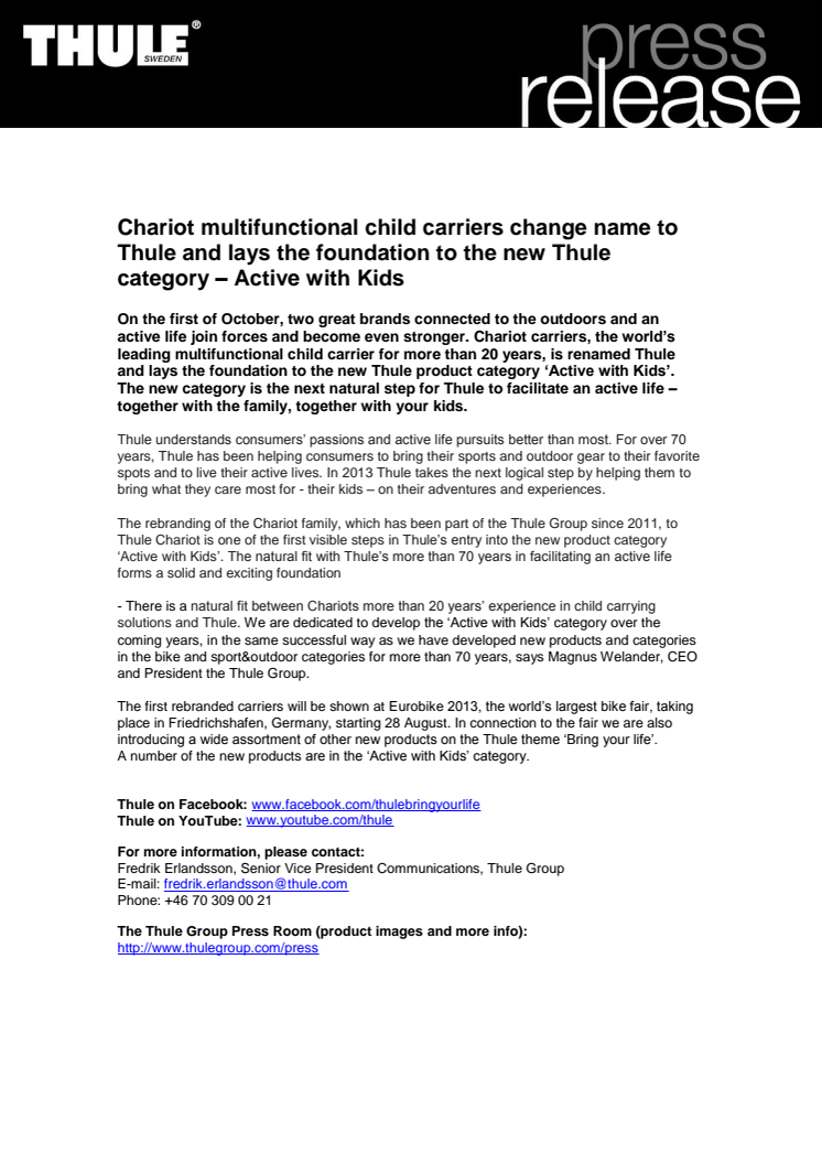 Chariot multifunctional child carriers change name to Thule and lays the foundation to the new Thule category – Active with Kids 