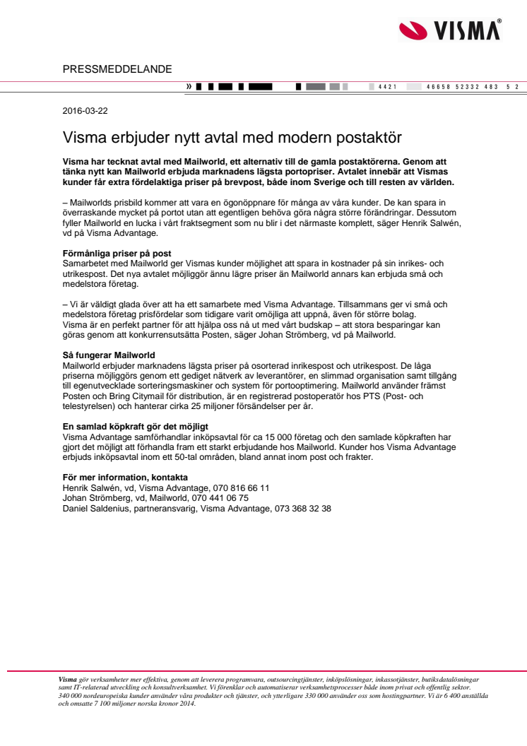 Visma erbjuder nytt avtal med modern postaktör