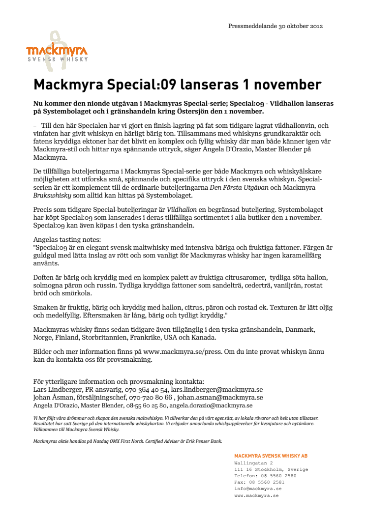 Mackmyra Special:09 lanseras 1 november