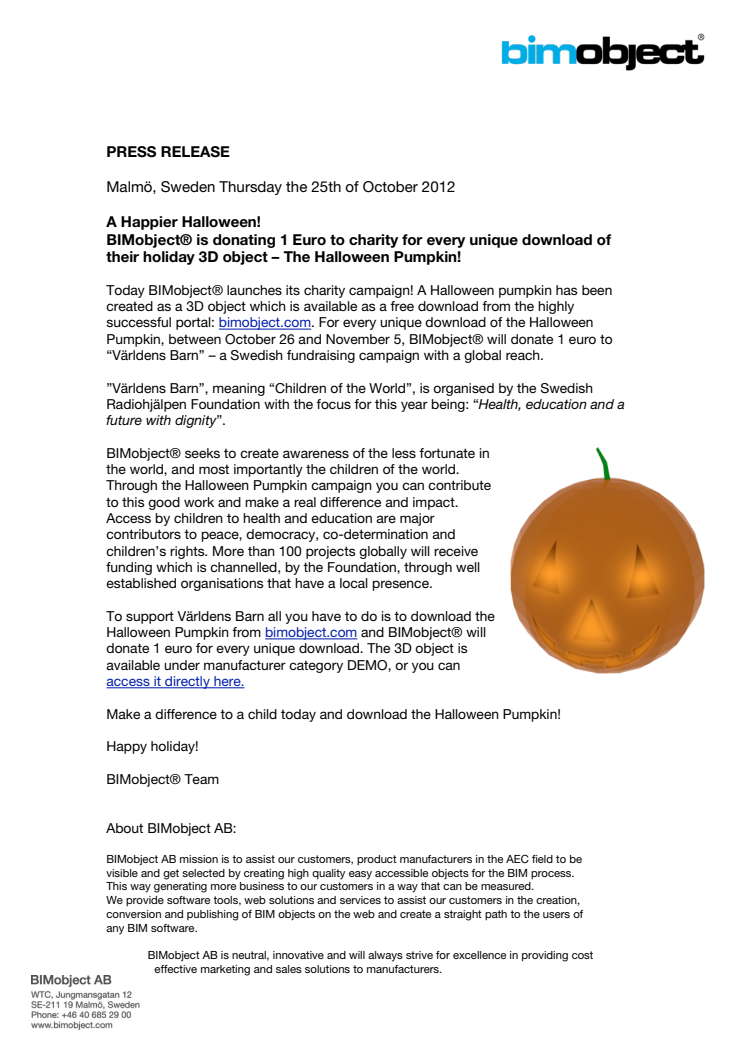 A Happier Halloween!  BIMobject® is donating 1 Euro to charity for every unique download of their holiday 3D object – The Halloween Pumpkin!