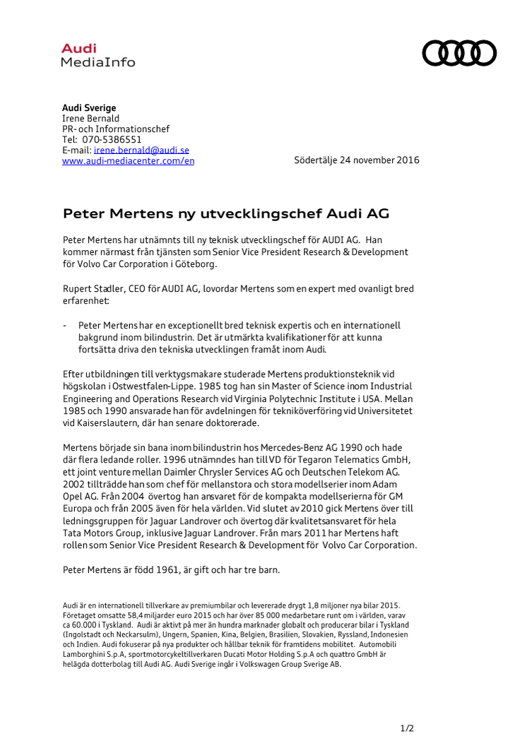 Peter Mertens ny Utvecklingschef AUDI AG