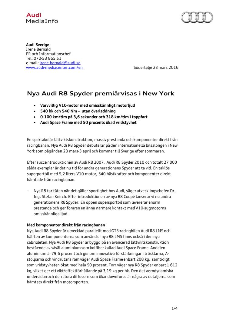 Nya Audi R8 Spyder premiärvisas i New York