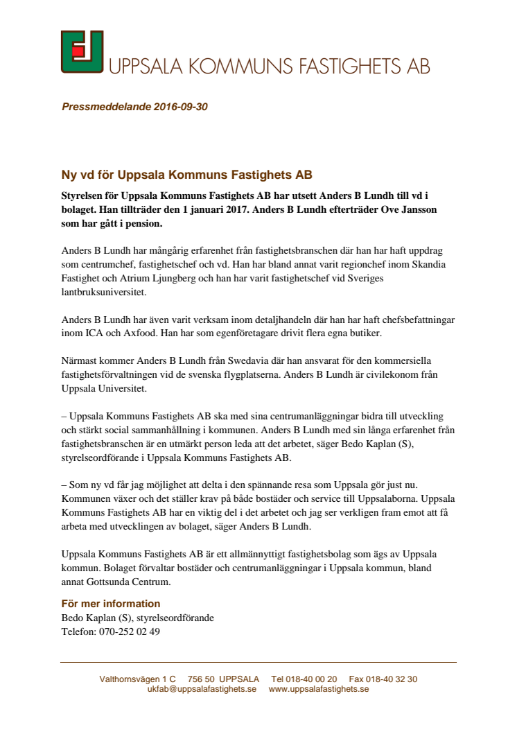 Pressmeddelande: Ny vd för Uppsala Kommuns Fastighets AB