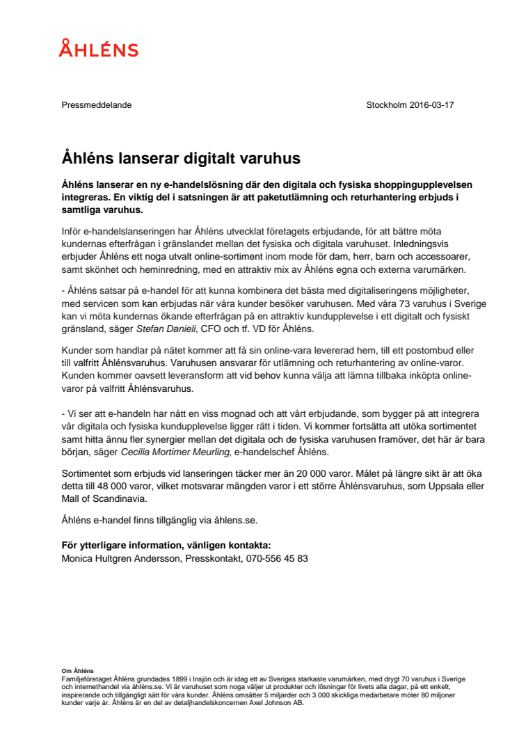 Åhléns lanserar digitalt varuhus 