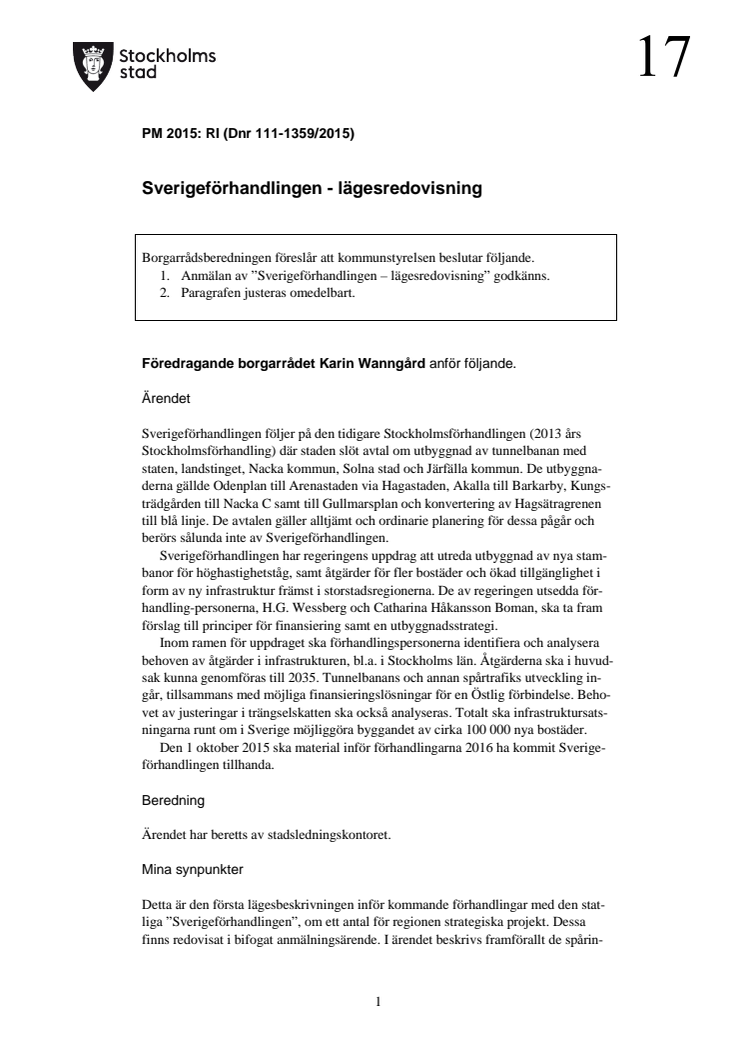 Sverigeförhandlingen - lägesredovisning (Dnr 111-1359/2015)