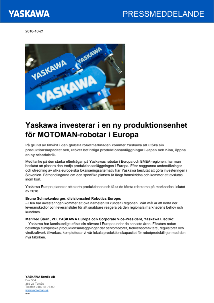 Yaskawa investerar i en ny produktionsenhet för MOTOMAN-robotar i Europa