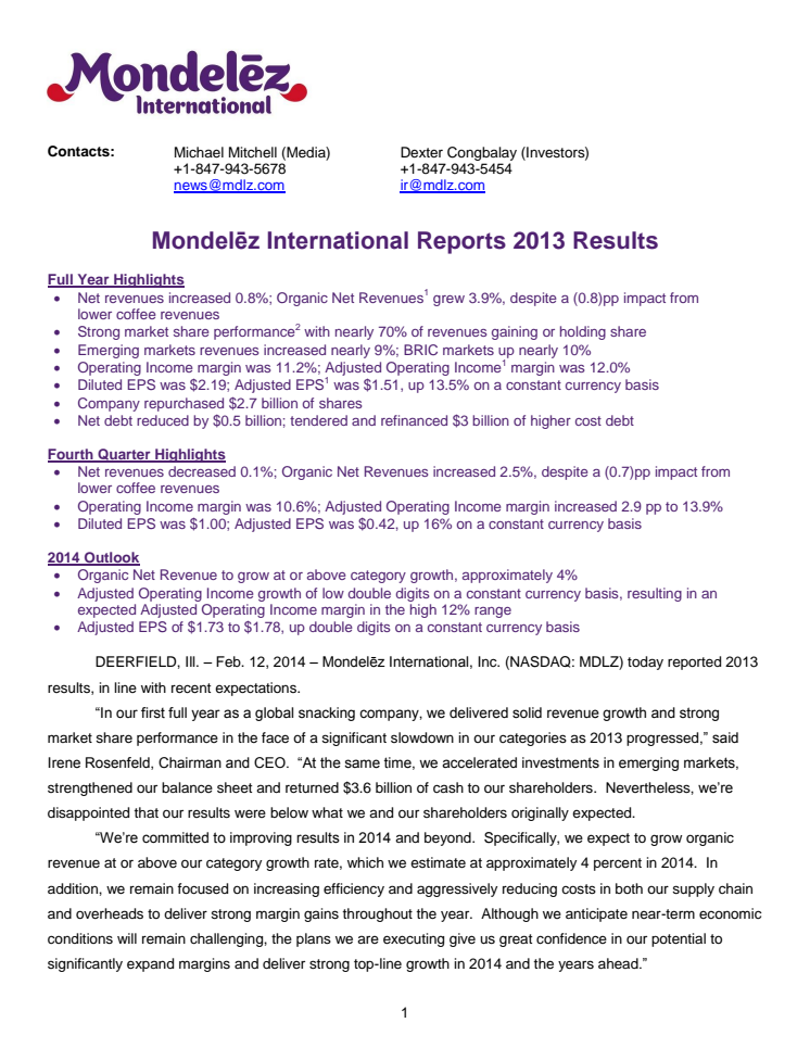 Mondelēz International Reports 2013 Results