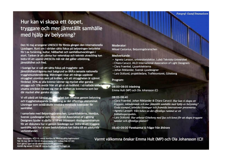 Pressinbjudan - Seminarium i Riksdagen om hur vi kan skapa trygghet med hjälp av belysning