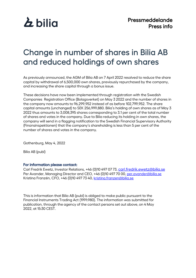Change in number of shares in Bilia AB and reduced holdings of own shares.pdf